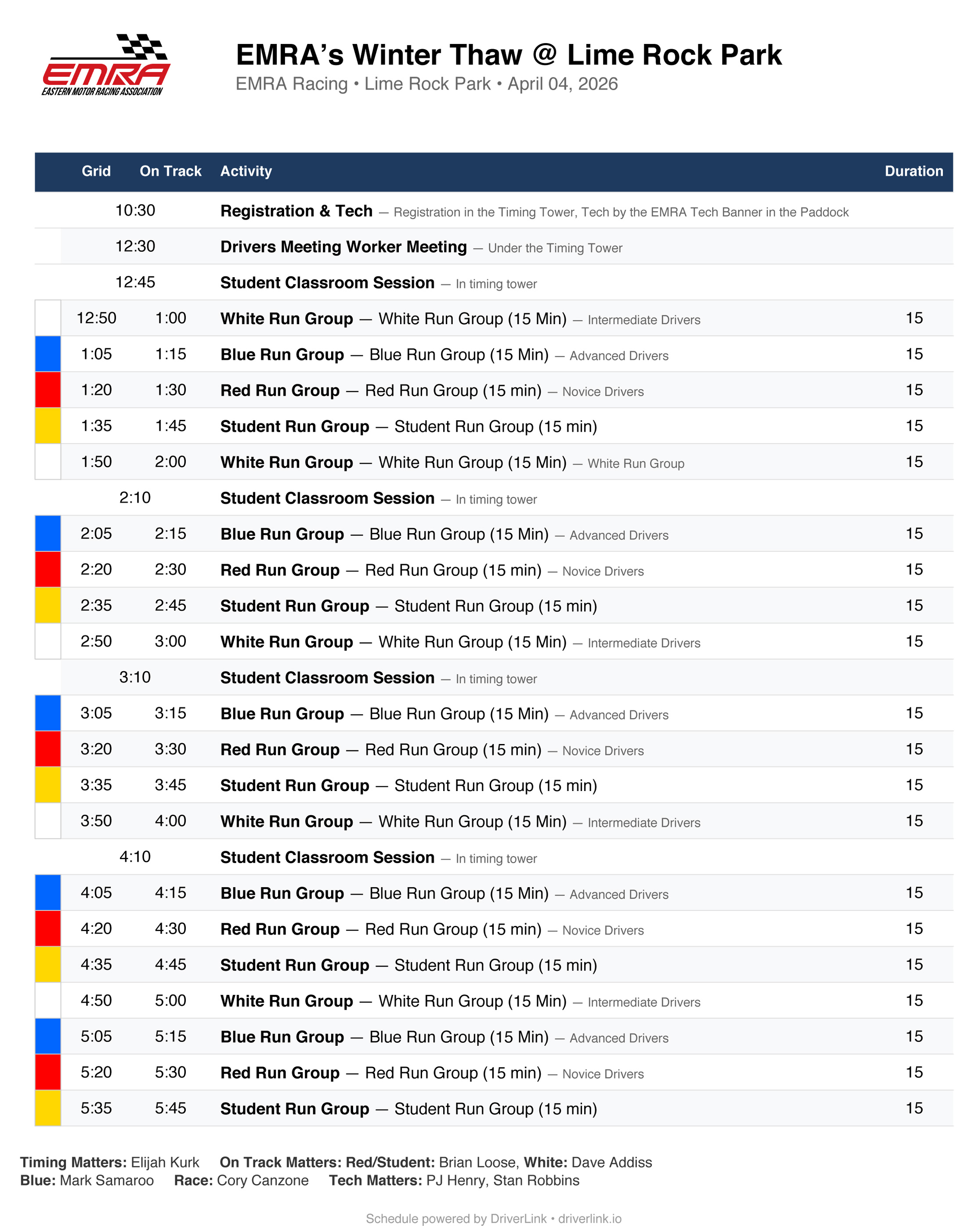 Lime Rock - Winter Thaw Schedule